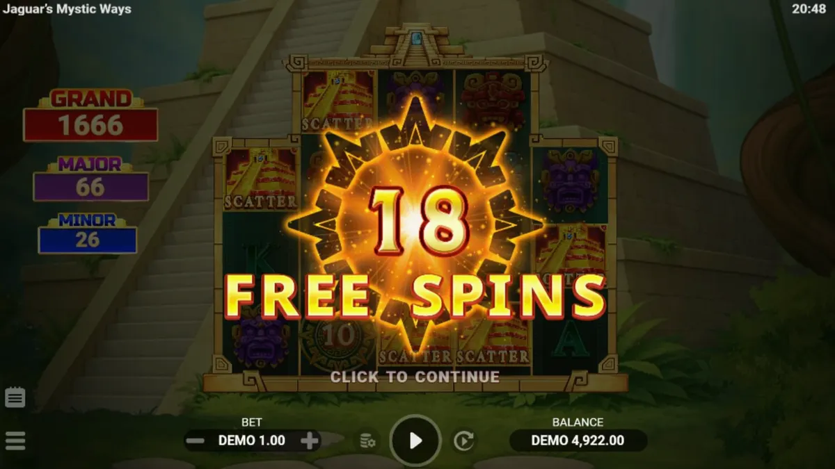 Pemandangan kuil kuno di tengah hutan dalam slot Jaguar’s Mystic Ways