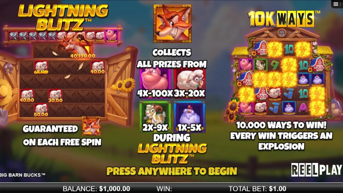 Tampilan visual slot Big Barn Bucks dengan tema peternakan dan hewan-hewan lucu